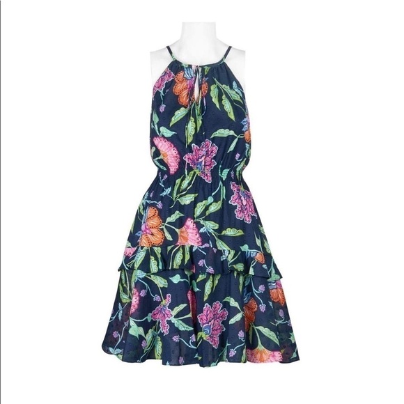 Taylor NWT Navy Floral Print Keyhole Front Tiered Spring Summer Dress Size 2 - Picture 7 of 15